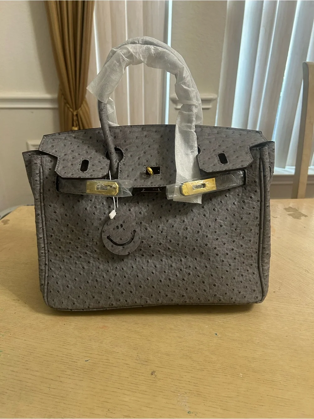 Classic Gray Ostrich-Texture Women’s Satchel UNBRANDED BIRKIN STYLE